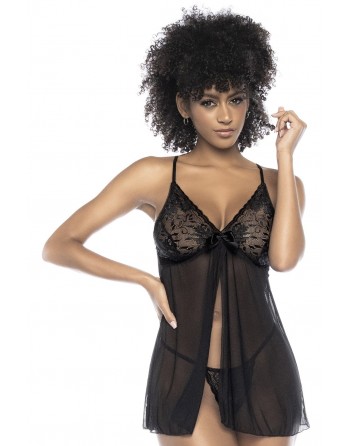 Babydoll en dentelle et résille noire ouvert sur le devant - MAL7501BLK