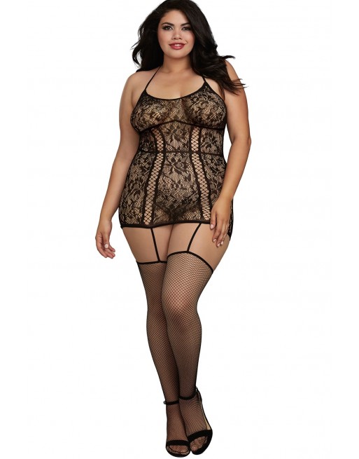 Combinaison grande taille en dentelle et lanières entrecroisées devant et derrière - DG0331XBLK Combinaison grande taille en dentelle et lanières entrecroisées devant et derrière - DG0331XBLK