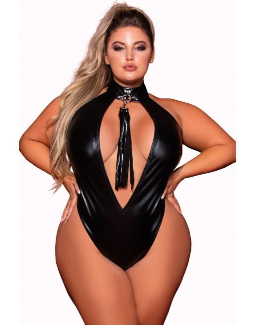 Body en simili cuir grande taille, extensible avec col clouté et fouet - DG12450XBLK Body en simili cuir grande taille, extensible avec col clouté et fouet - DG12450XBLK