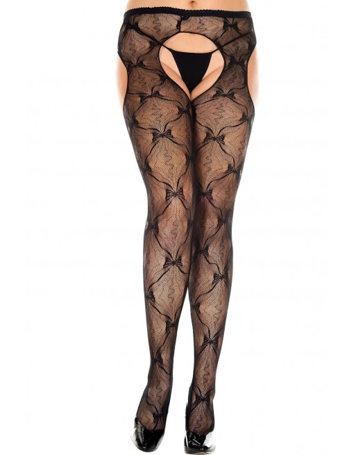 Collant grande taille nylon noir effet porte-jarretelles fantaisie avec noeuds - MH933XBLK Collant grande taille nylon noir effet porte-jarretelles fantaisie avec noeuds - MH933XBLK