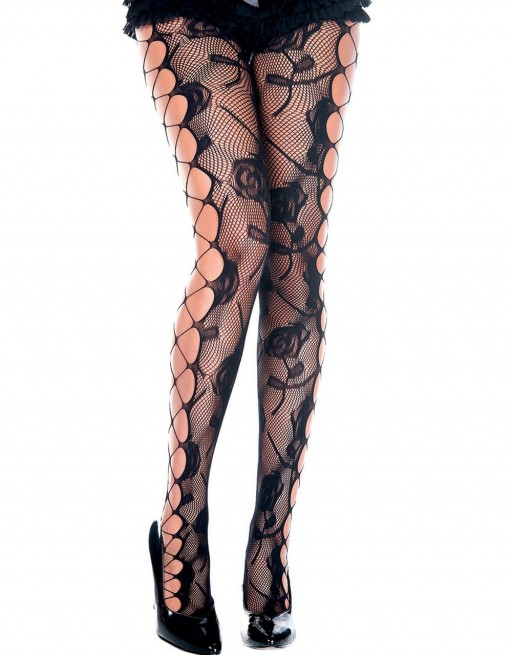 Collant fantaise noir résille et ajouré façon filet et fleurs - MH50021BLK Collant fantaise noir résille et ajouré façon filet et fleurs - MH50021BLK