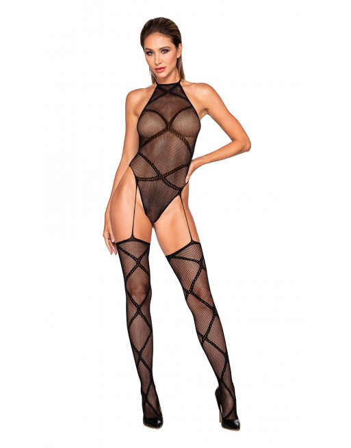 Body en résille noire avec jarretières intégrés - DG0385BLK Body en résille noire avec jarretières intégrés - DG0385BLK