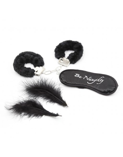 Kit coquin 4 pièces : Menottes, 2 plumes et masque - 332400006 Kit coquin 4 pièces : Menottes, 2 plumes et masque - 332400006